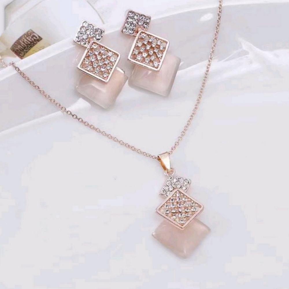 Elegant Geometric Square Rhinestone & Opal Jewelry Set - Rose Gold Tone